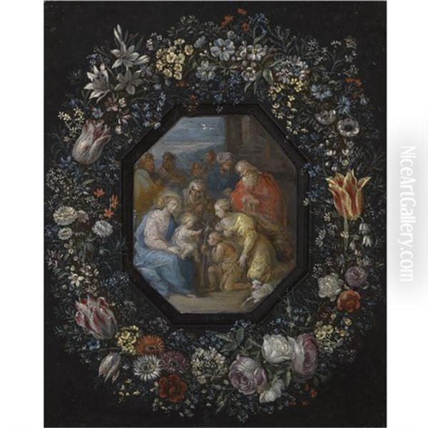 The Madonna And Child With Saint John, Saint Anne And Other Saints Within An Ornamental Cartouche Decorated With A Flower Garland (attributed To Frans Francken The Younger) Oil Painting by Philippe de Marlier