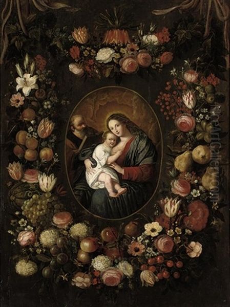 The Holy Family, Surrounded By Garlands Of Roses, Lilies, Tulips And Other Flowers, Apricots, Grapes, Plums, Apples, Cherries, Pears And Other Fruits Oil Painting by Philippe de Marlier