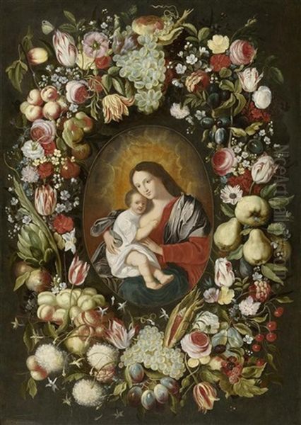 Blumen- Und Fruchtekranz Um Ein Bildnis Der Madonna Mit Kind Oil Painting by Philippe de Marlier