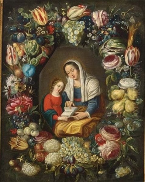 The Madonna And Child Surrounded By A Garland Of Different Flowers And Fruits (in Collab. W/follower Of Frans Francken The Younger) Oil Painting by Philippe de Marlier