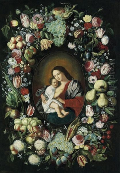 Madonna Mit Kind In Einem Kranz Von Blumen Und Fruchten Oil Painting by Philippe de Marlier