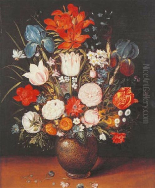 Nature Morte Au Vase De Fleurs Sur Un Entablement Oil Painting by Philippe de Marlier