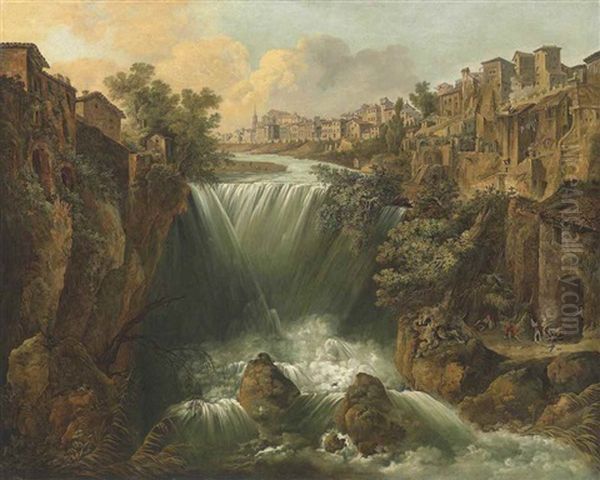 A View Of The Great Cascade At Tivoli, With Labourers In The Foreground And A Shepherd Tending To His Flock Beyond Oil Painting by William Marlow