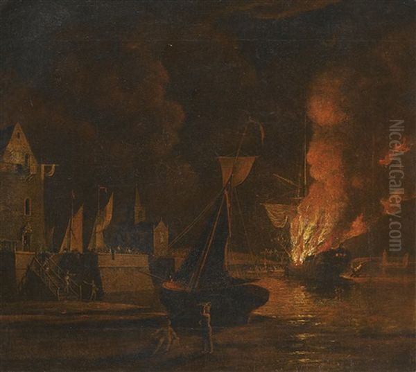 A Ship Ablaze At Night In A Town Harbour Oil Painting by William Marlow