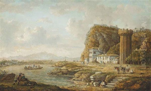 A River Landscape With A Ferry, Other Figures And A Donkey On The Bank, A Tower Beyond Oil Painting by William Marlow