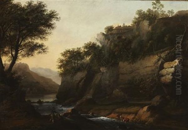 A Wooded River Landscape With Fishermen Oil Painting by William Marlow