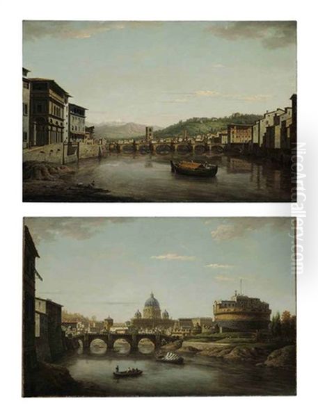 View Of Florence From The Ponte Vecchio Looking Up The Arno... (+ View Of Rome With Saint Peter's And The Castel Sant'angelo Seen From The Tiber; Pair) Oil Painting by William Marlow