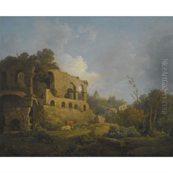 Landscape With Classical Ruins, Outside Rome, With The Pyramid Of Cestius Beyond by William Marlow