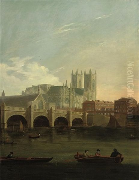 A View Of Westminster Bridge With Figures And Boats On The Thames Oil Painting by William Marlow