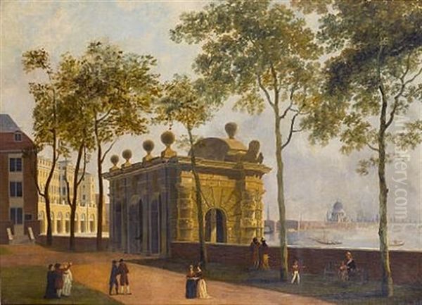 A View Of The Thames From The Buckingham Stairs Water Gate Towards The Adelphi Terrace, Saint Paul's Cathedral Beyond Oil Painting by William Marlow