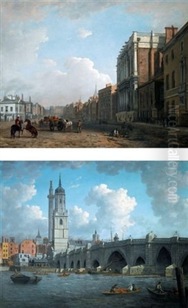 A View Of Whitehall (+ A View Of London Bridge; Pair) Oil Painting by William Marlow