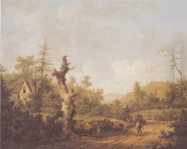 Wooded Landscape With A Cottage And A Figure On A Path Oil Painting by William Marlow