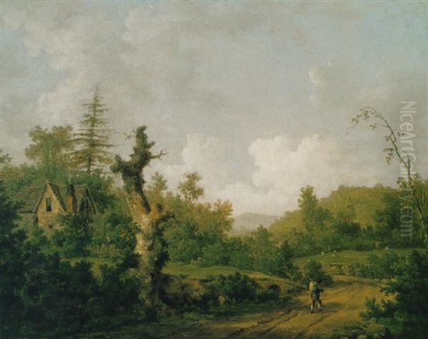 Wooded Landscape With A Cottage And A Figure On A Path Oil Painting by William Marlow