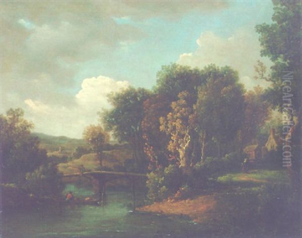 A Wooded River Landscape With Figures Oil Painting by William Marlow