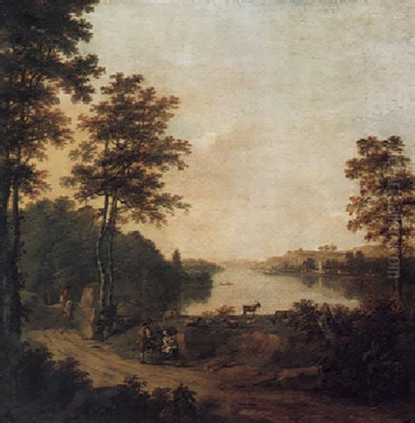 River Landscape With Figures And Animals On A Path, And A Distant Village Oil Painting by William Marlow