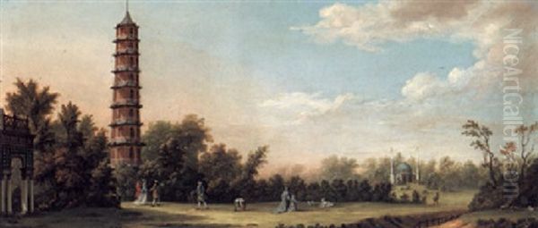 Elegant Figures Walking In The Gardens At Kew By The Pagoda Oil Painting by William Marlow