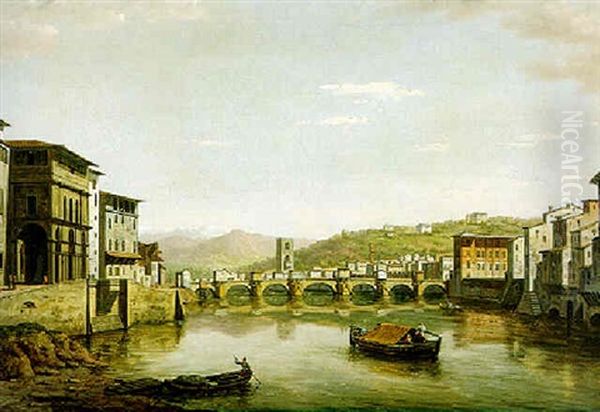 View Of Florence Up The Arno From The Ponte Vecchio To The Ponte Alle Grazie With The Entrance To The Uffizi On The Left Oil Painting by William Marlow