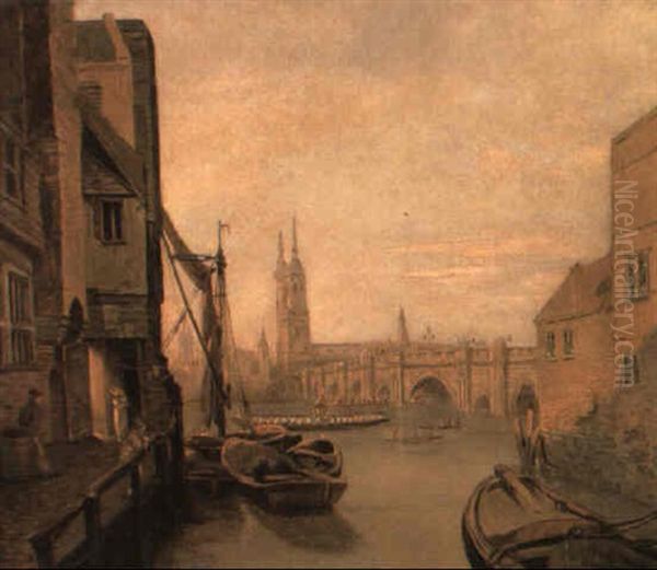 London Bridge From Pepper Alley Stairs Oil Painting by William Marlow