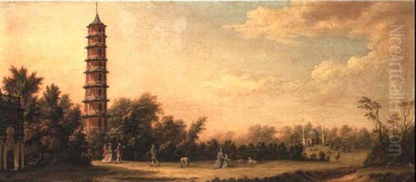 Elegant Figures Walking In The Gardens At Kew By The Pagoda Oil Painting by William Marlow