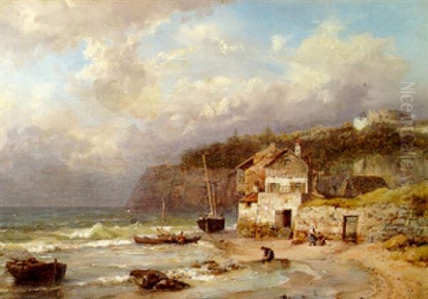 A Coastal Scene With Fishing Smacks, Figures On The Beach And A Storm Threatening Overhead Oil Painting by Paul Marny