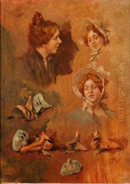 Etudes De Visages Et De Masques Oil Painting by Ludwig (Ludek) Marold