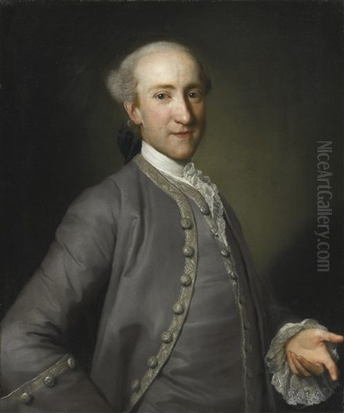 Portrait Of A Gentleman, Half Length, In A Grey Dress Coat With Silver Embroidered Trim And Matching Waistcoat Oil Painting by Anton von Maron