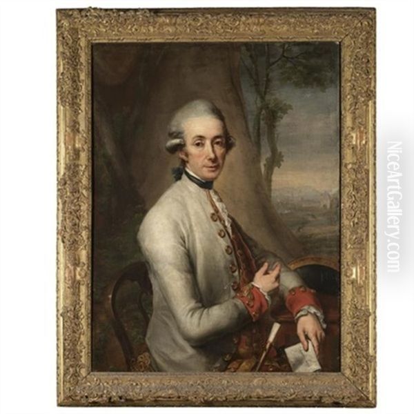 Portrait Of A Gentleman Wearing Uniform, Half Length, Seated Before A Landscape, And Holding A Piece Of Paper Oil Painting by Anton von Maron