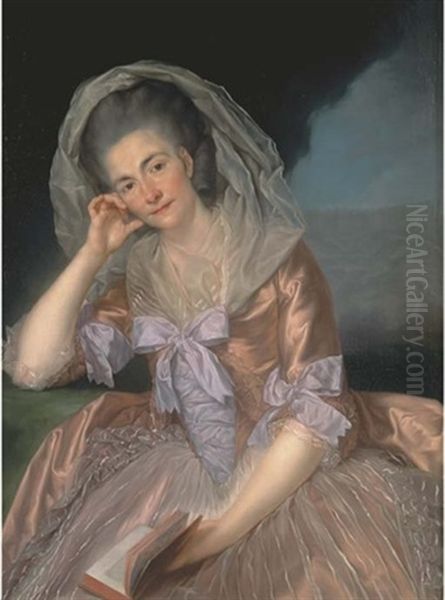 Portrait Of Elizabeth Hervey, Wife Of The 4th Earl Of Bristol, Three-quarter-length, Seated In A Salmon Pink Dress With Lilac Bows, The Giant's Causeway, Co. Antrim Beyond Oil Painting by Anton von Maron