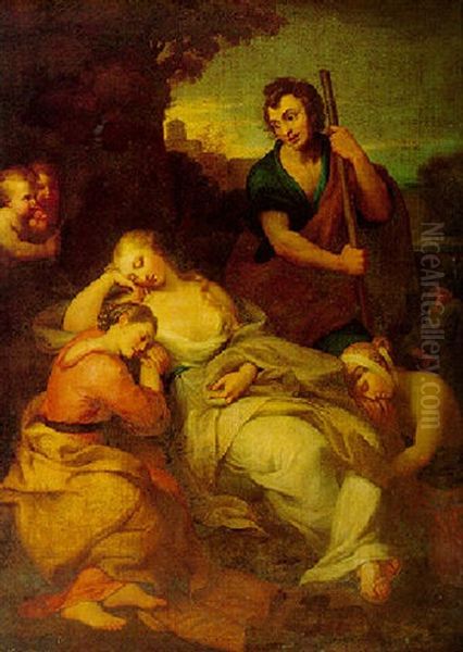 Psyche And Her Companions Sleeping In A Landscape Oil Painting by Anton von Maron