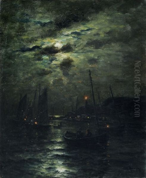 Mondschein In Einem Hafen An Der Nordfranzosischen Kuste Oil Painting by Georges Philibert Charles Maroniez