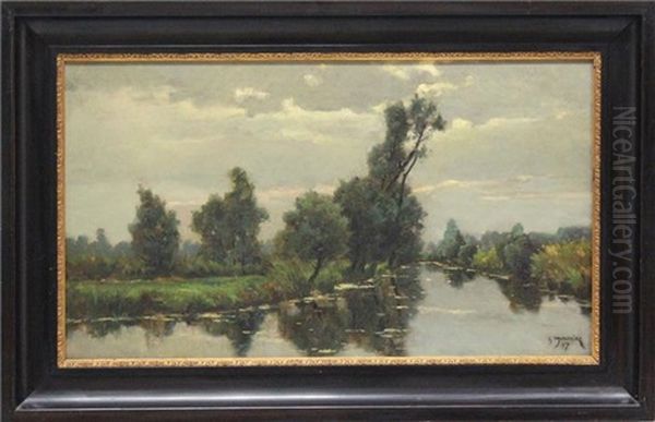 Uber Baumbestandenem Flusslauf Aufziehendes Gewitter Oil Painting by Georges Philibert Charles Maroniez