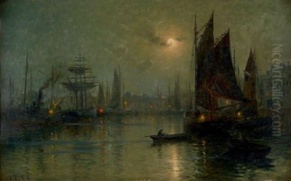 Scene De Port Au Clair De Lune Oil Painting by Georges Philibert Charles Maroniez