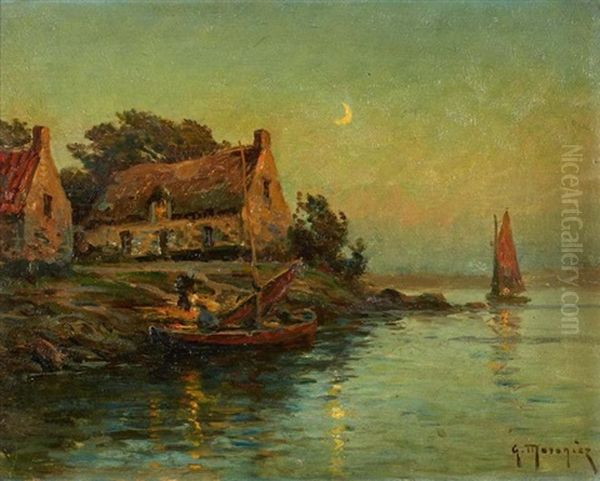 Voilier Au Clair De Lune Oil Painting by Georges Philibert Charles Maroniez