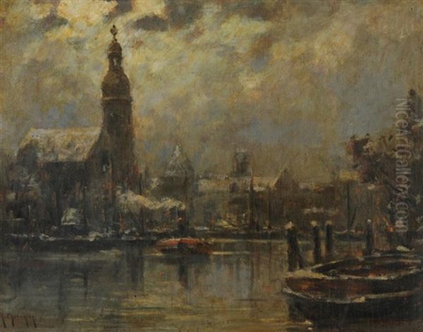 Winterabend In Einer Hollandischen Hafenstadt Oil Painting by Georges Philibert Charles Maroniez