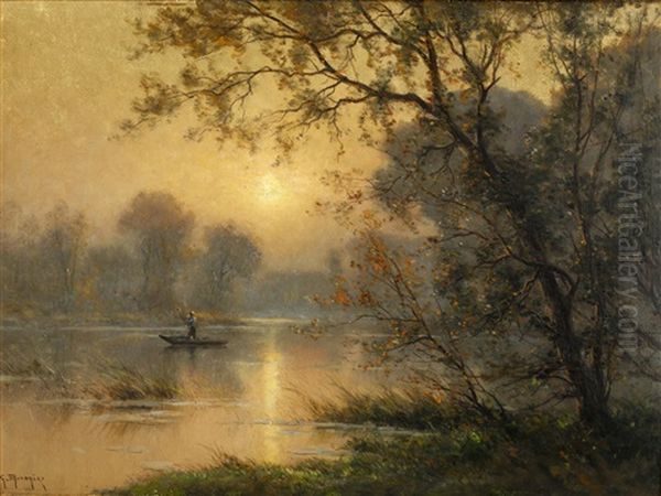 Sunlit River Scene Oil Painting by Georges Philibert Charles Maroniez