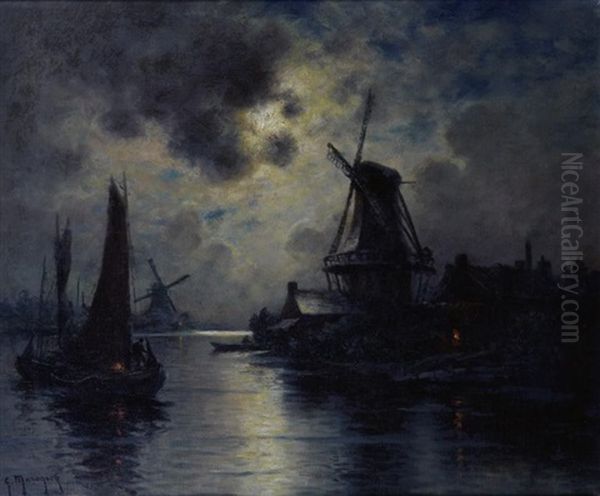 Port En Hollande Au Clair De Lune Oil Painting by Georges Philibert Charles Maroniez