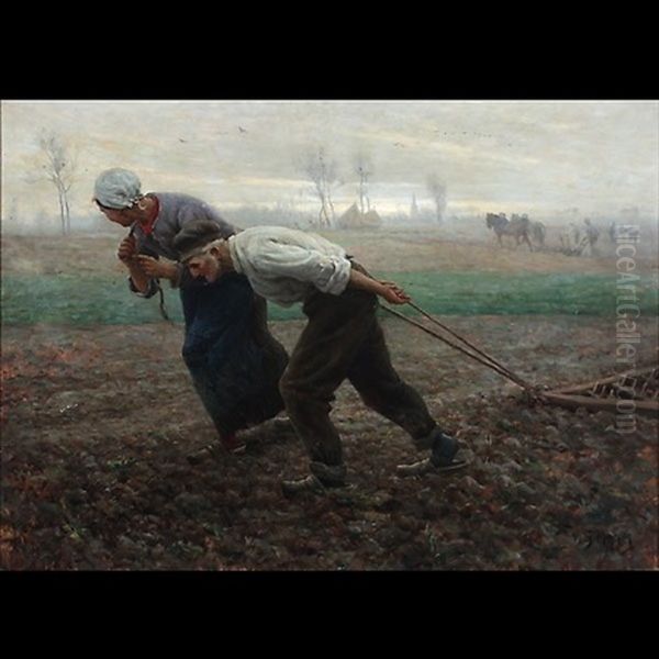 Harrowing The Field Oil Painting by Georges Philibert Charles Maroniez