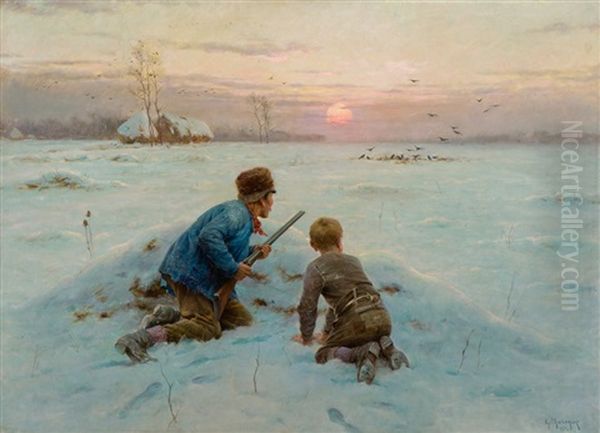 Bauer Und Sohn Auf Der Vogeljagd Oil Painting by Georges Philibert Charles Maroniez