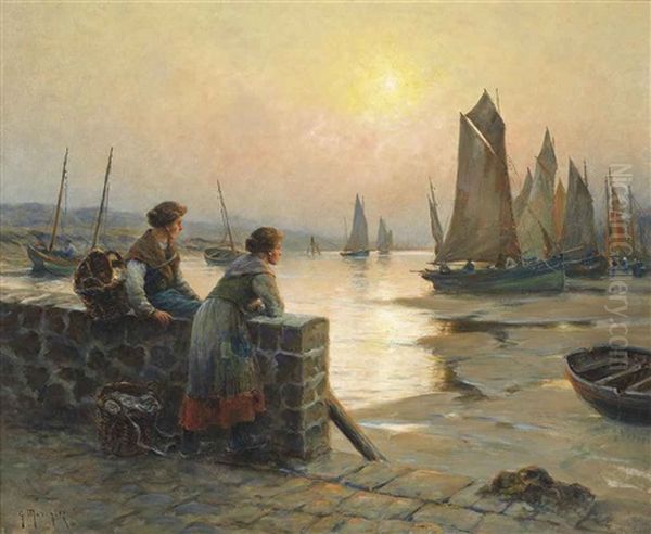 Waiting For The Fishing Fleet To Return Oil Painting by Georges Philibert Charles Maroniez