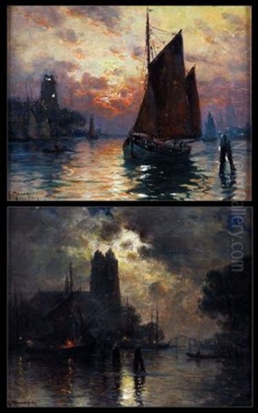 Shipping By Moonlight (+ Shipping By Sunset; Pair) Oil Painting by Georges Philibert Charles Maroniez