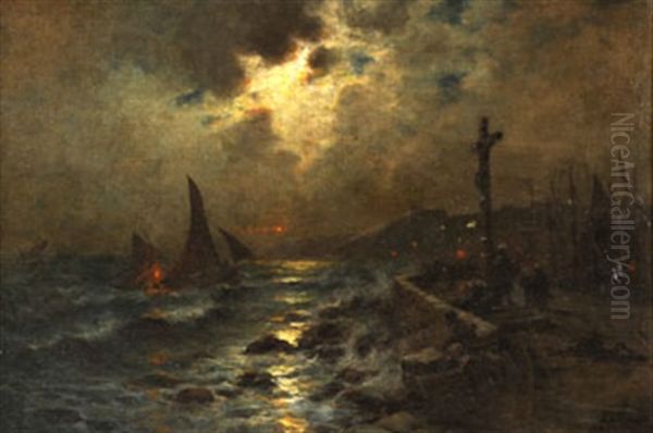 Retour Au Port Au Clair De Lune Oil Painting by Georges Philibert Charles Maroniez