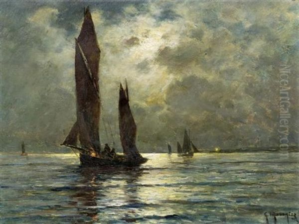 Claire De Lune - Segelschiffe Auf Dem Offenen Meer Oil Painting by Georges Philibert Charles Maroniez