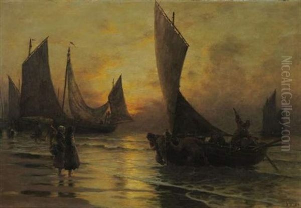 Le Retour Des Pecheurs Oil Painting by Georges Philibert Charles Maroniez