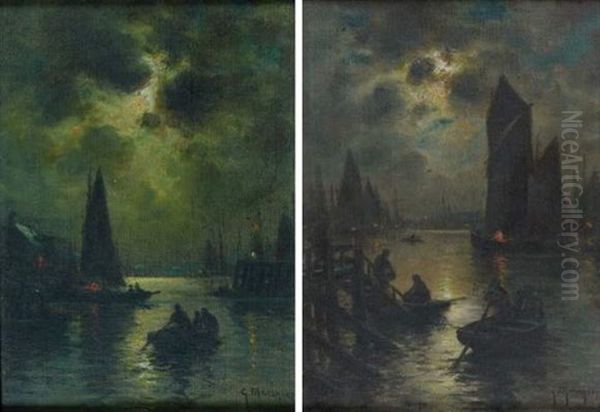 Scene De Port, La Nuit (pair) Oil Painting by Georges Philibert Charles Maroniez