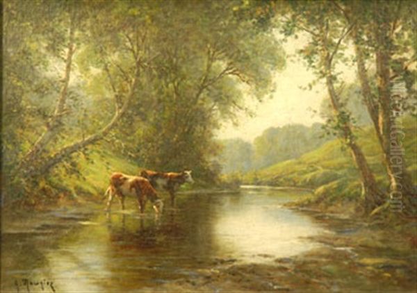 Vaches S'abreuvant Oil Painting by Georges Philibert Charles Maroniez