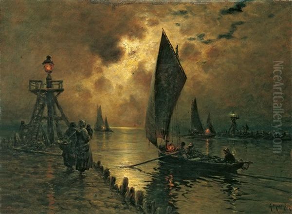 Fischerhafen Im Mondschein Oil Painting by Georges Philibert Charles Maroniez