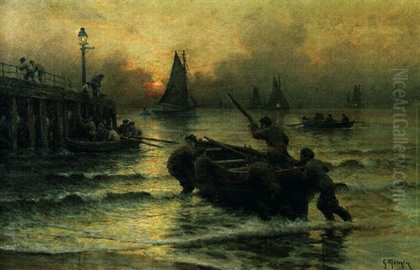 Pecheurs Embarquant Au Clair De Lune Oil Painting by Georges Philibert Charles Maroniez