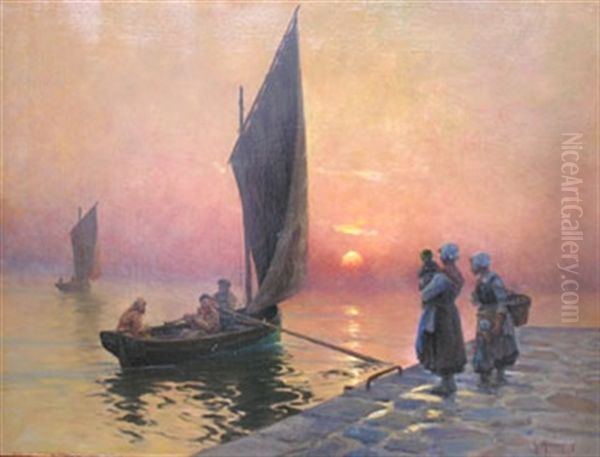 Retour De Peche, Soleil Couchant Oil Painting by Georges Philibert Charles Maroniez