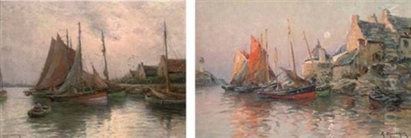 Dans Le Petit Port (+ Harbour At Dusk, Oil On Board, Smaller; 2 Works) Oil Painting by Georges Philibert Charles Maroniez