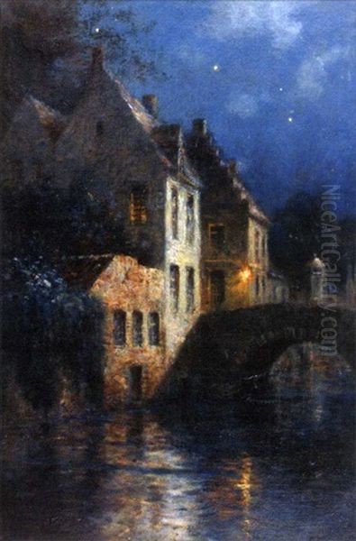 Bruges De Nuit, Le Pont Des Chevaux, Quai Vert by Georges Philibert Charles Maroniez